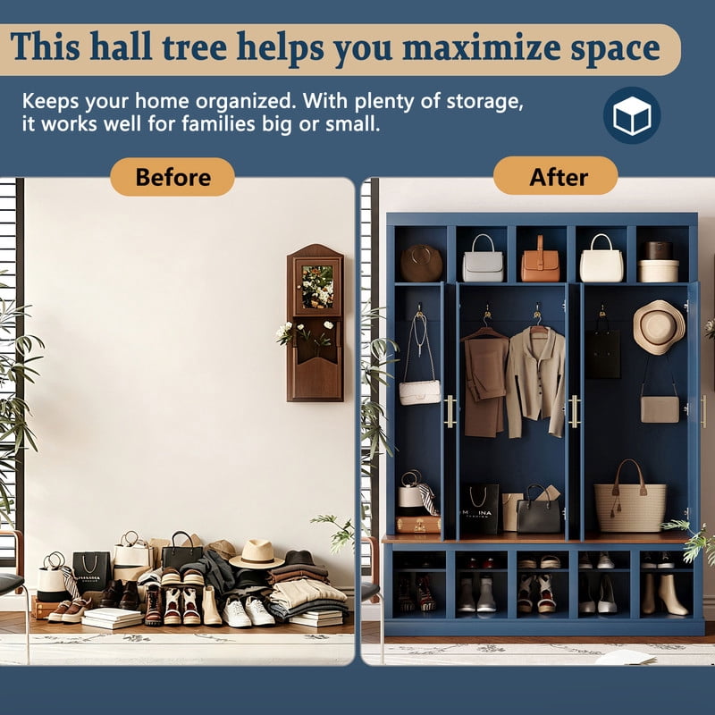 Farmhouse Hall Tree with 5 Doors and Top Storage Compartments, Entryway Coat Rack with Hooks, Mudroom Bench with Shoe Cubbies for Hallway Living Room