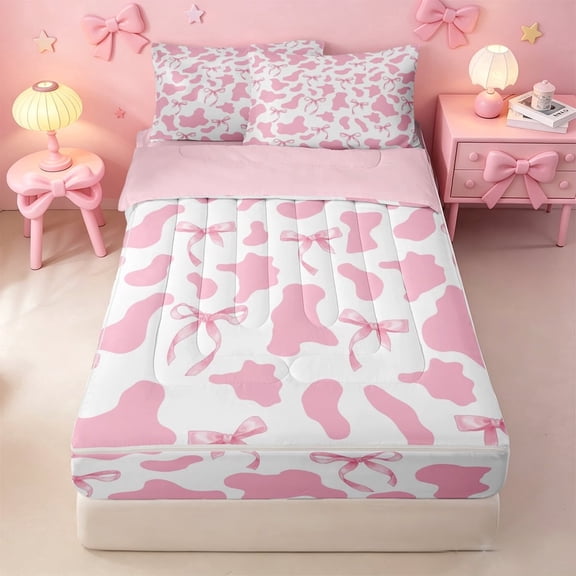 meiyoeat Pink Cow Print Zipper Twin Comforter Sets with Fitted Sheet and 2 Pillowcases,Girly Bow Zipper Bedding Set For Girl,Reversible,4-Piece