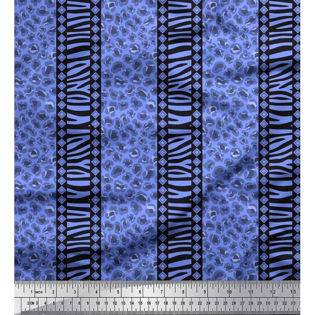 Soimoi Blue Poly Georgette Fabric Stripe,Leopard & Wild Animal Skin Fabric Prints by Yard 42 Inch Wide