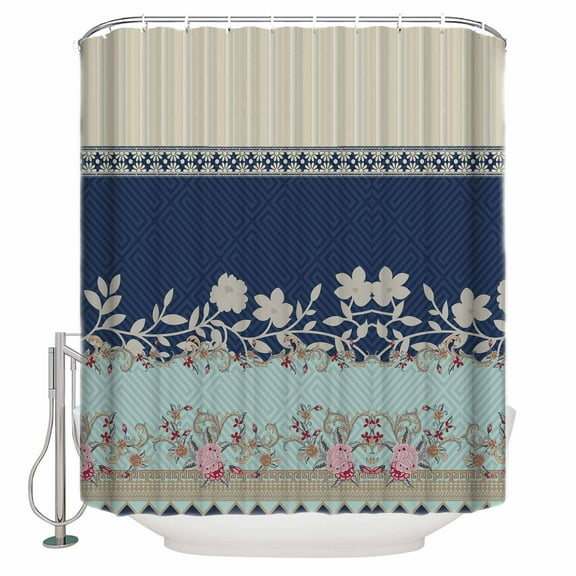 Fabric Shower Curtain, Blue Superimposed Flower Plant Boho Art Patterns Shower Curtains with 12 Hooks Waterproof Machine Washable Bath Curtains for Bathroom,48x 72in