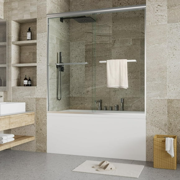 Portes de Douche en Verre Coulissantes pour Baignoire, Porte de Douche en Verre Coulissante Double Sans Cadre, Verre Trempé de 6 mm avec Rail Carré en Acier Inoxydable pour Baignoire Moderne Salle de Bain