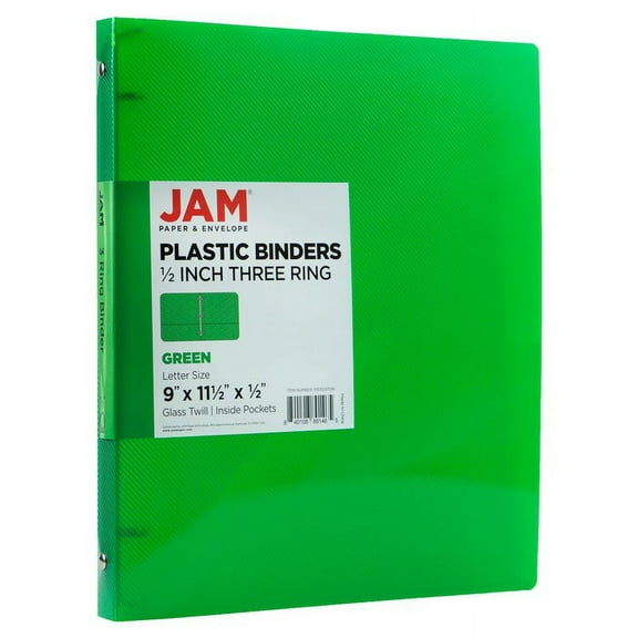JAM Paper & Envelope Plastic Binder, 11.5 x 10.25 x 1/2 in, Green, 1 Pack