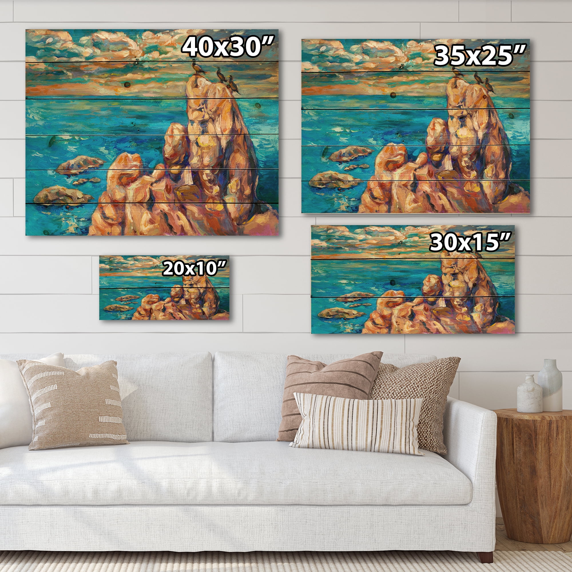 Designart 'The Blue Ocean By Rocky Cliffs I' Nautical & Coastal Print on Natural Pine Wood