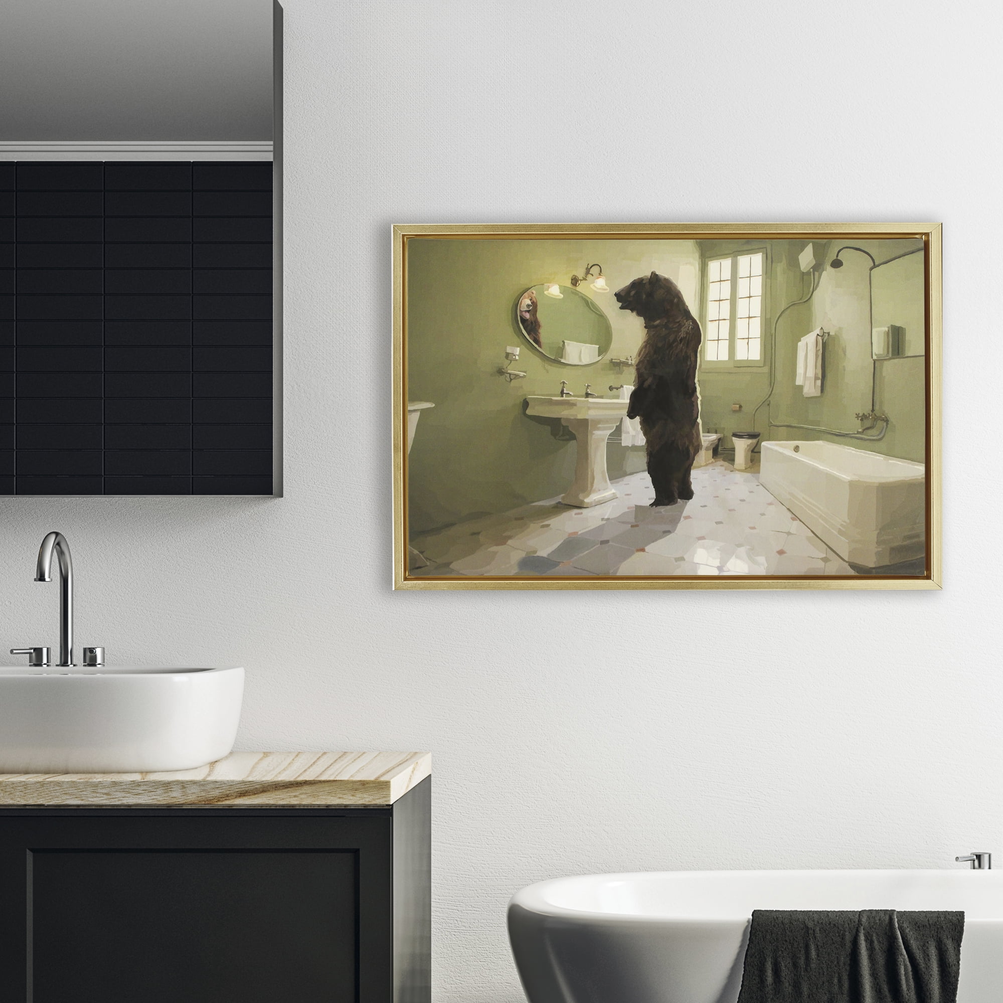 The Houseguest Bear in Bathroom Gold Framed Floater Canvas Wall Art, design by Keith Thomson
