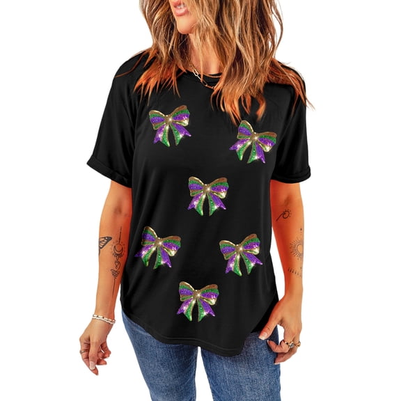 Women's Black Sequin Mardi Gras Bow Graphic Crewneck Tee - Stylish and Sparkly - [ZhiHiMeRi] | (US 20-22)2XL