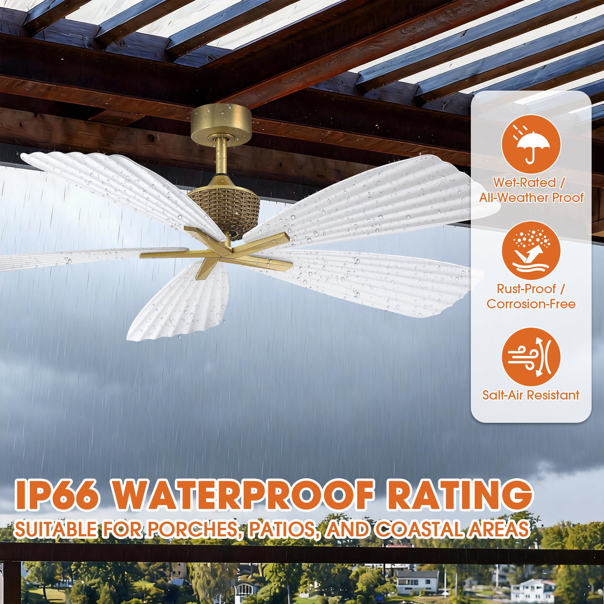 Parrot Uncle 56" Outdoor IP66 Waterproof Tropical Palm Leaf Ceiling Fan with Remote Control, 6-Speed DC Motor, No Light, White ABS Blades