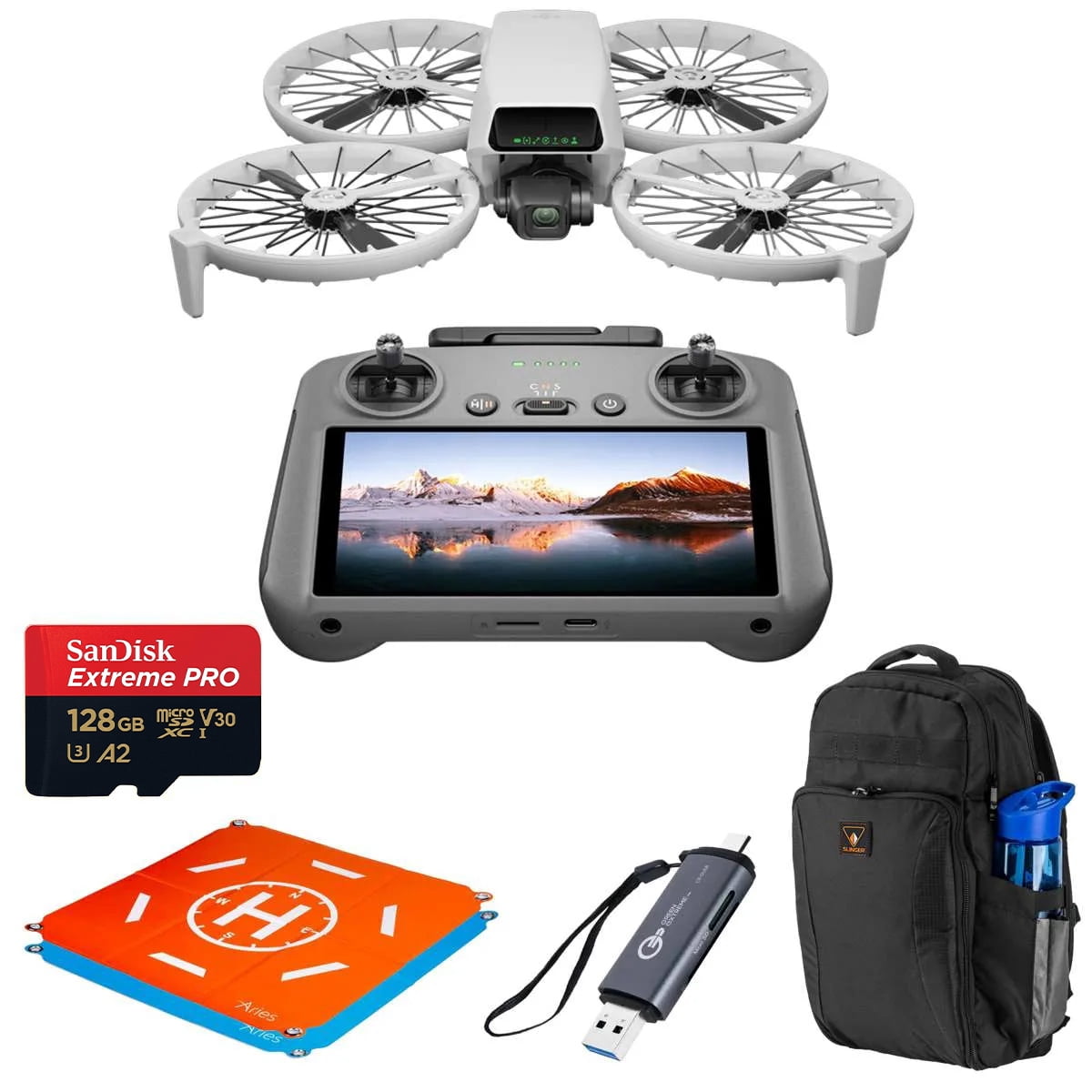 DJI Flip Drone with RC 2 Remote Controller, Bundle with 128GB Memory Card, Backpack, Landing Pad and Card Reader