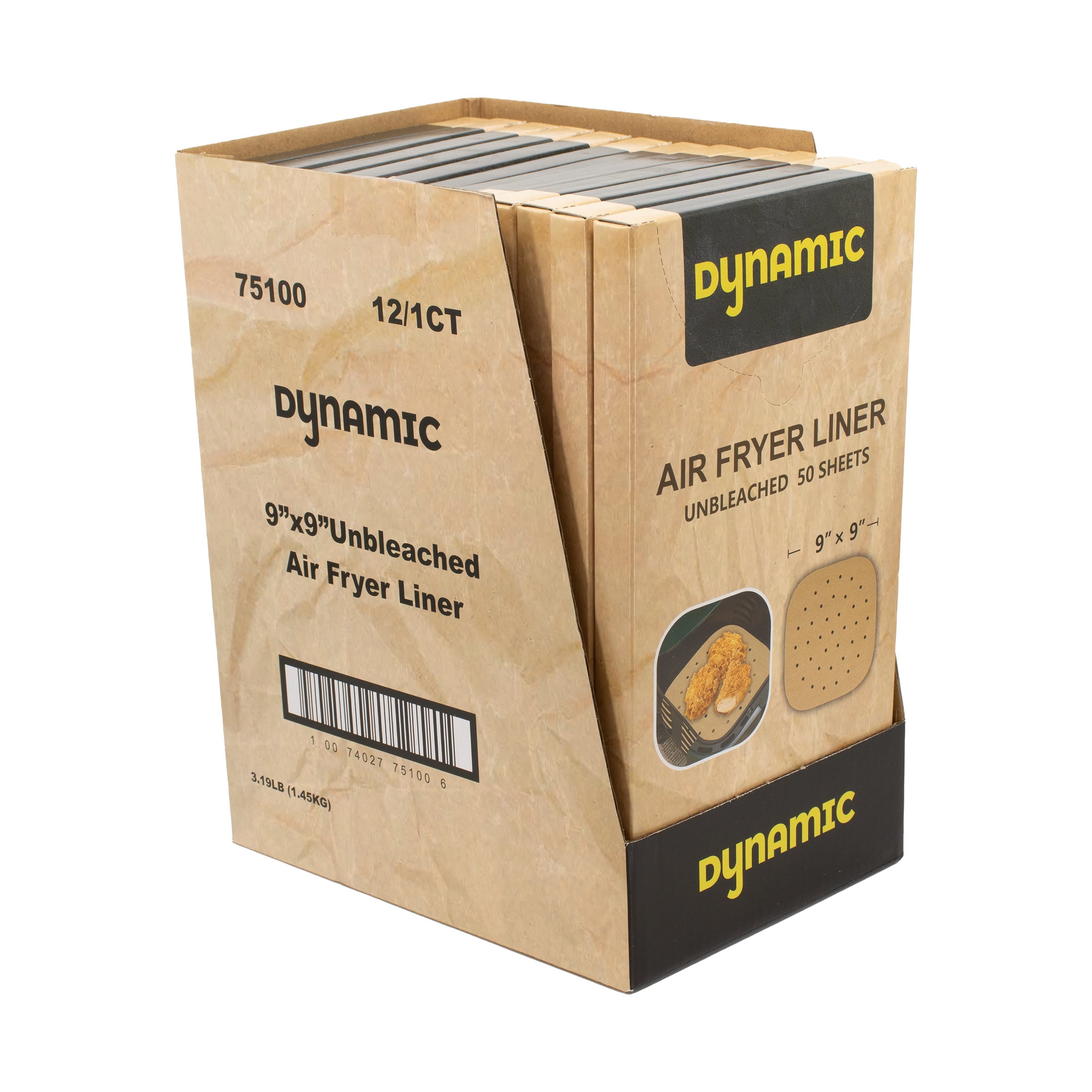 Dynamic Unbleached Air Fryer Paper Liners, 9 x 9 Inch Square, PFAS-Free, 600 Sheets Total (50 Sheets per Pack, 12-Pack)
