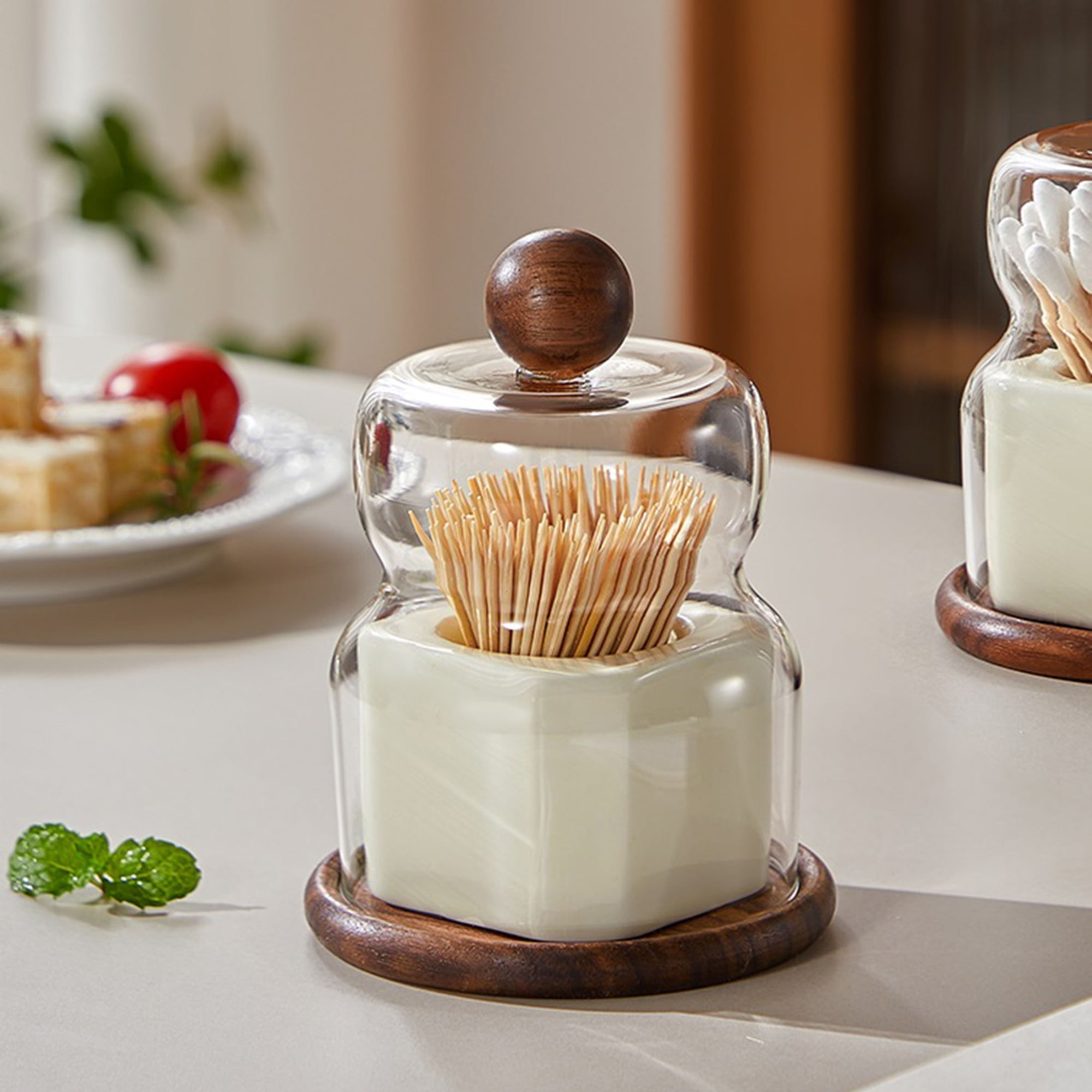 Toothpick Dispenser, Vintage Walnut Ceramic Toothpick Holder Floss Holder Cotton Swab Organiser