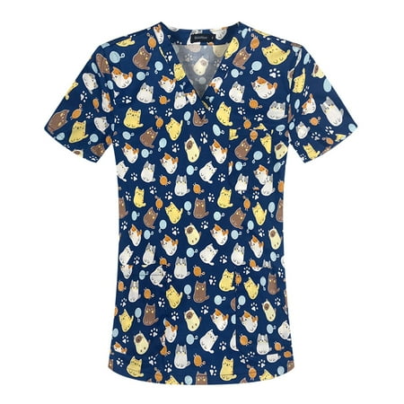 

TAIAOJING Women Scrubs Top Short Sleeve V Neck Cartoon Printed Top Nursed Working T Shirts Blouse With Pockets