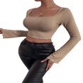 thumbnail image 2 of Women Solid Color Ribbed Square Neck Lettuce Hem Show Navel T-Shirts Spring Autumn Flare Long Sleeve Slim Crop Tops Black M, 2 of 6