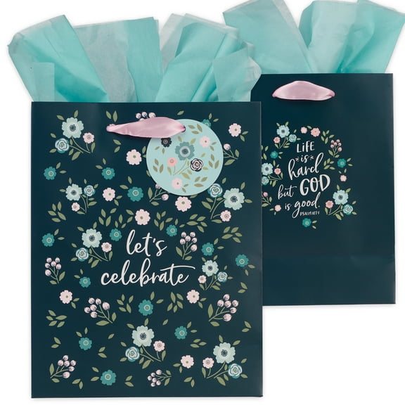 Christian Art Gifts Women's Portrait Gift Bag & Tissue Paper Set w/Scripture & Gift Tag - Let's Celebrate - God is Good Psalm 107:1 Inspirational Bible Verse for Occasions, Navy Blue Floral, Medium