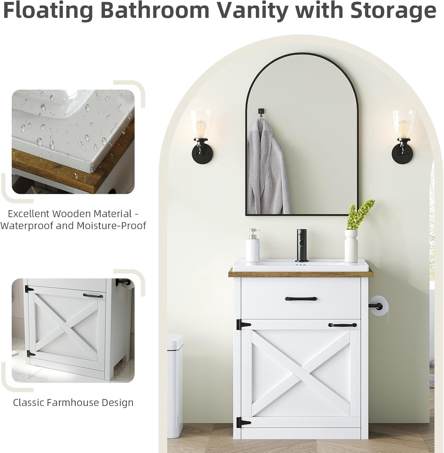 DreamCurship Farmhouse Bathroom Vanity with Sink, Freestanding Sliding Barn Door Drawer, Ceramic Sink, 24 Inch, White