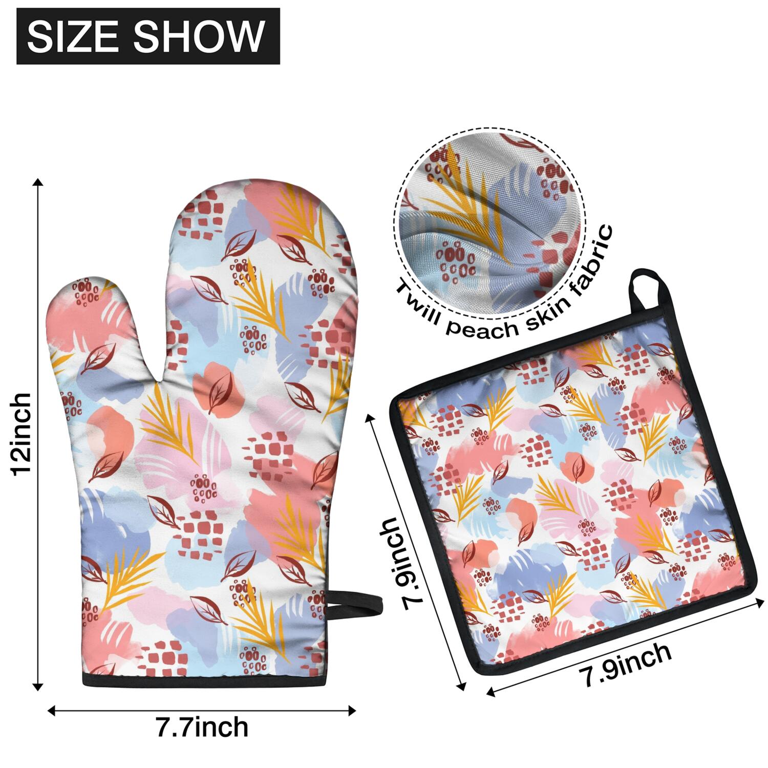 Floral Pattern Oven Mitts and Pot Holders Set Of 4, Heat Resistant Kitchen Gloves with Non-Slip Grip, Hanging Loop, Soft Cotton Lining for Baking, Cooking, Grilling, Barbecue