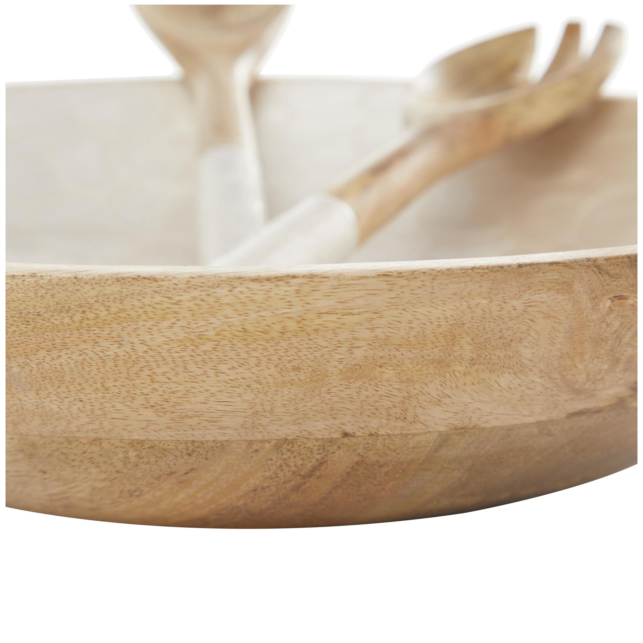 DecMode 15", 11", 11"W Handmade Round Utensils Cream Mango Wood Decorative Bowl with White Interior, Set of 3