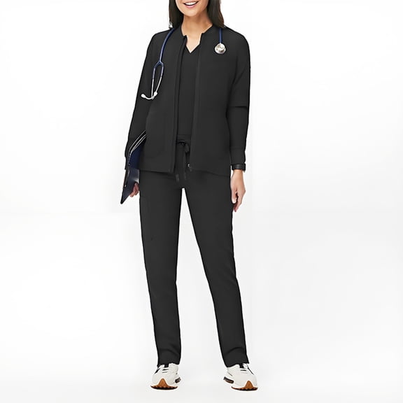 Nurse Uniforms For Women 2 Piece Scrub Set Zip‑Up Long Sleeve Scrub Jacket Drawstring Elastic Waist Straight Leg Cargo Pants Black L