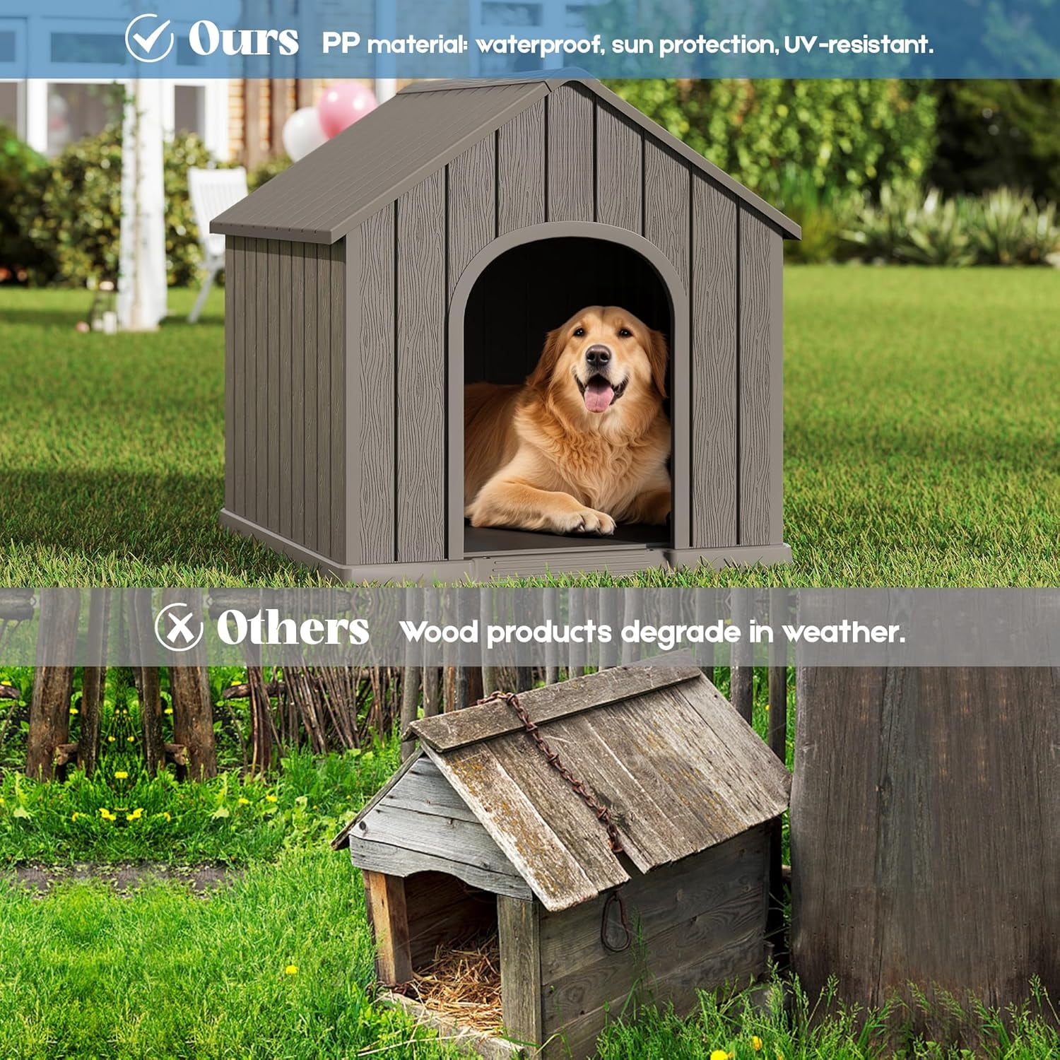 Large Dog House Outdoor Indoor for Medium Large Dogs, Sturdy Plastic Waterproof Doghouse with Air Vents and Elevated Floor, Easy Clean and Assemble (Grey, 36.2''L×38''W×38''H)