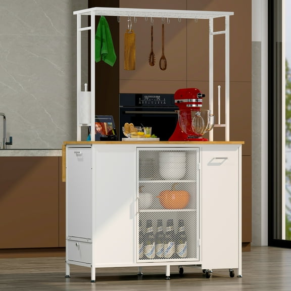 Mobile Kitchen Island with Storage Rolling Cart with Foldable Breakfast Bar 2 Doors 3-Tier Cabinet Drawers Hooks for Small Space Kitchen Dinning Room,White/Oak