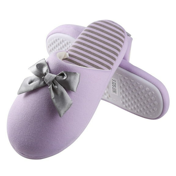 Women’s Waffle-Stripes & Bow Indoor Slippers – Plush Fleece Lined Slip-On House Shoes with Non-Slip Weather-Resistant Outsole
