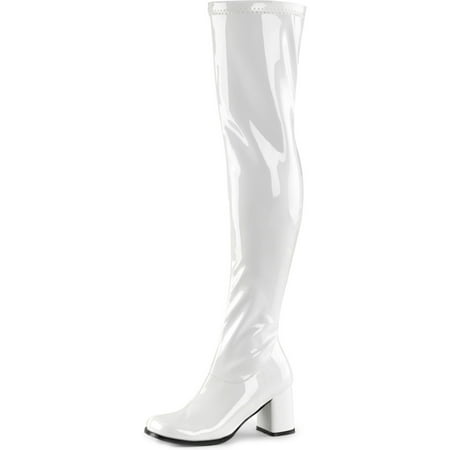 Womens White Go Go Boots Over The Knee Patent Zipper Block 3 Inch Heel