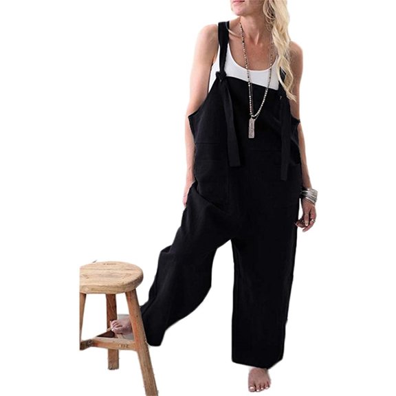 Blotona Linen Jumpsuits for Women Casual Loose Straps Overalls Baggy Wide Leg Harem Pants Rompers Dungarees Playsuit Trousers