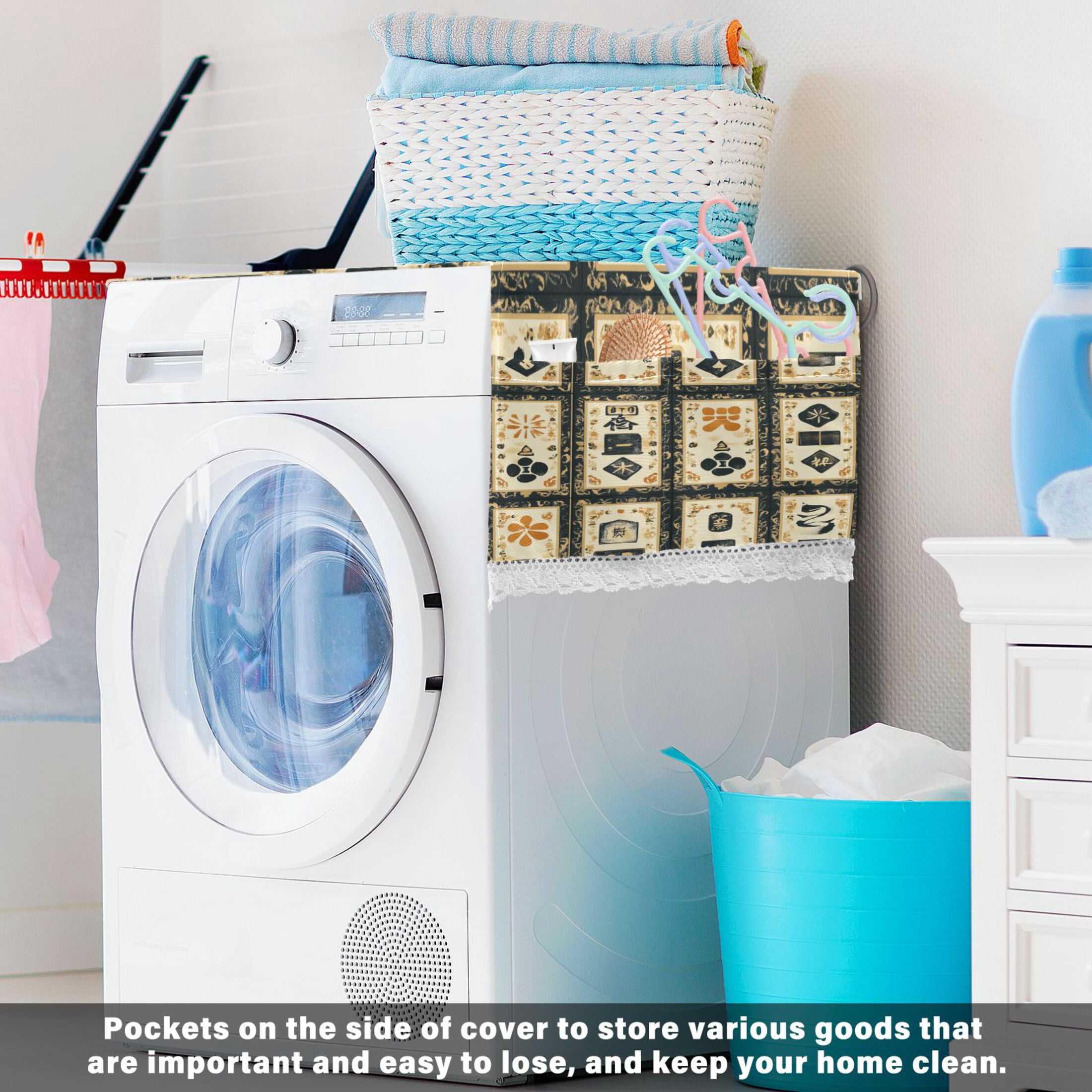 Mahjong BackgroundWasher and Dryer Covers Dust-Proof and Oil Resistant Fridge Cover with 4 Storage Pockets Washing Machine Top Cover for Laundry Kitchen Home 51.2 x 22 In