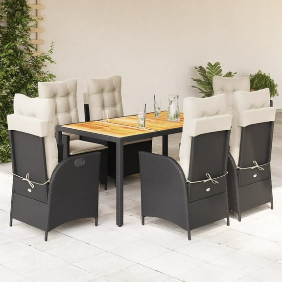 vidaXL 7 Piece Patio Dining Set with Cushions Black Poly Rattan