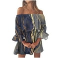 thumbnail image 2 of up to 60% off Gifts Usmixi Formal Dresses for Women Party Prom Fashion Elastic Waist off Shoulder Ruffle Hem Tunic Mini Dresses Square Neck 3/4 Sleeve Marbled Print Summer Short Dress Brown XXL, 2 of 5