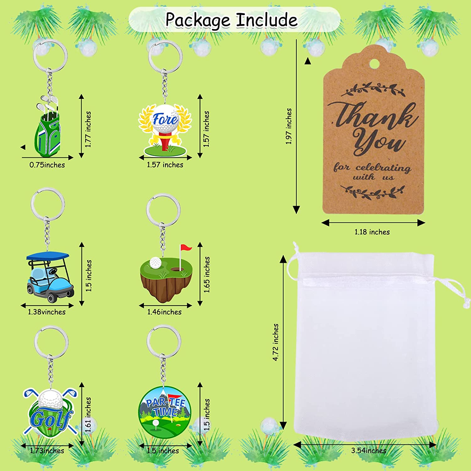 12 Pack Golf Party Favors Return Gift Bags Keychains Thank You Kraft Tag Organza Gift Bags for Par Tee Fore Time Golf Sports Theme Birthday Party Supplies Classroom Golf Club Team Rewards