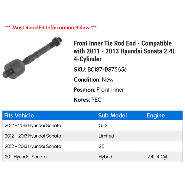 Pair Of Inner Tie Rod Ends For 2011-2013 Hyundai Sonata - Evan-Fischer Brand, 1-Year Warranty, Set Of 2 10 thumbnail image