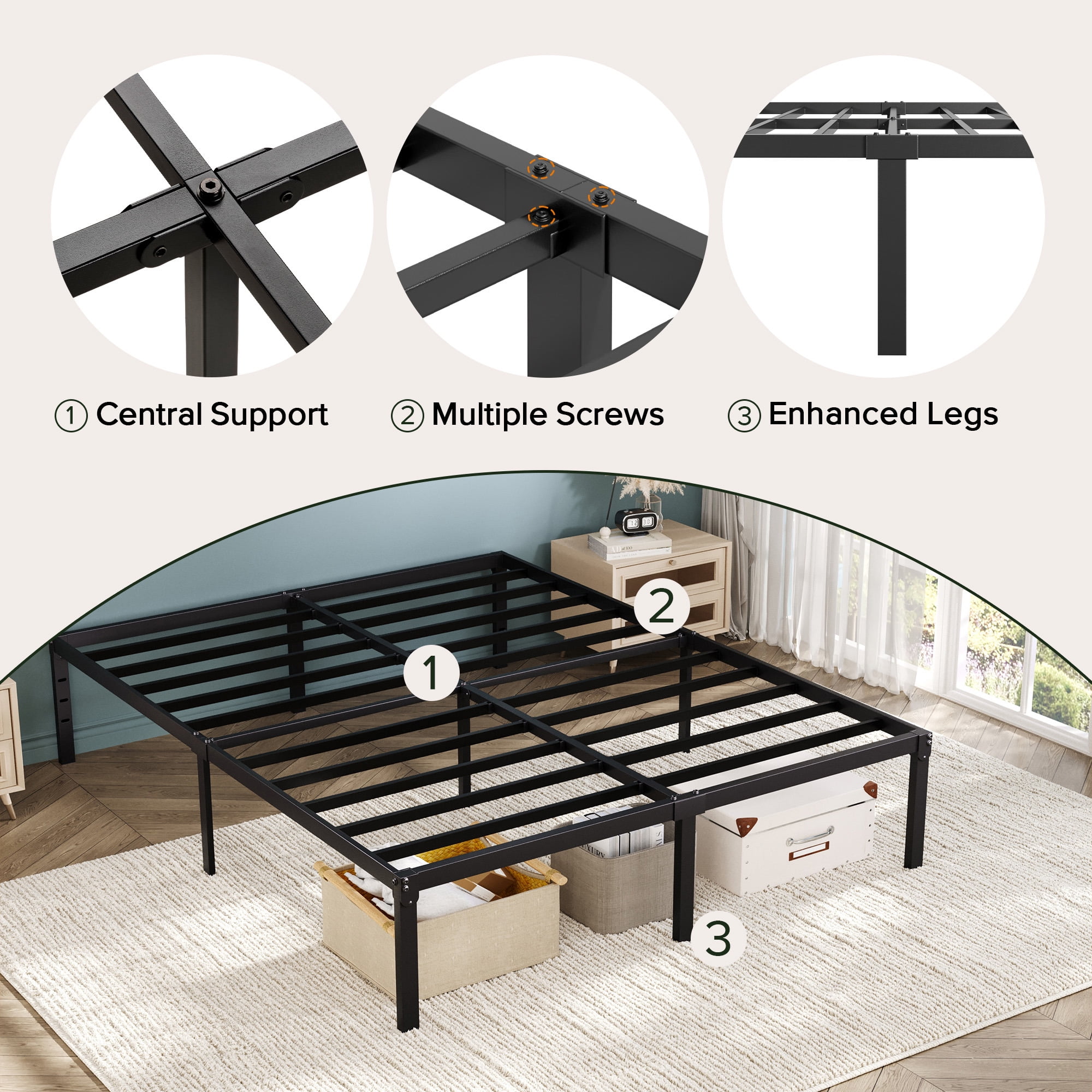 Einfach Queen Bed Frame, Metal Platform Bed with 12.6'' Under-bed Storage Space, Heavy Duty, No Box Spring Needed, Black