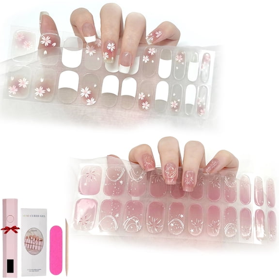 Gel Nail Strips with UV Light, DIY Gel Nail Stickers Wraps Starter Kit, Long Lasting, Easy to Apply Remove (2Set, B)