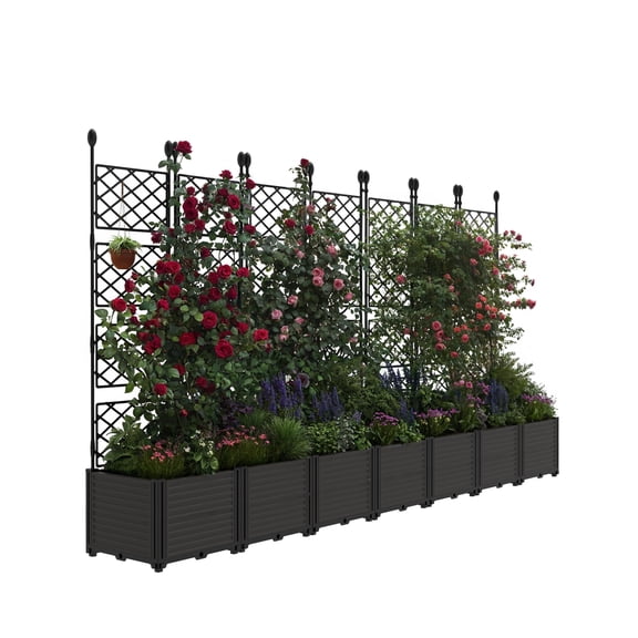 Towallmark 7 PCS Raised Garden Bed with Trellis, 114.2" LX16.2 WX63 H Plastic Planter Box for Climbing Plants, Outdoor Vertical Garden with Privacy Screen for Patio, Balcony, Backyard, Sturdy & Light