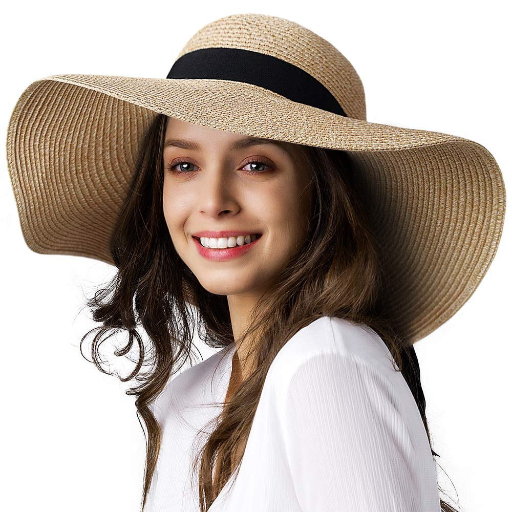 Womens UPF50 Foldable Summer Straw Hat Wide Brim Flower Sun Beach hat Visor