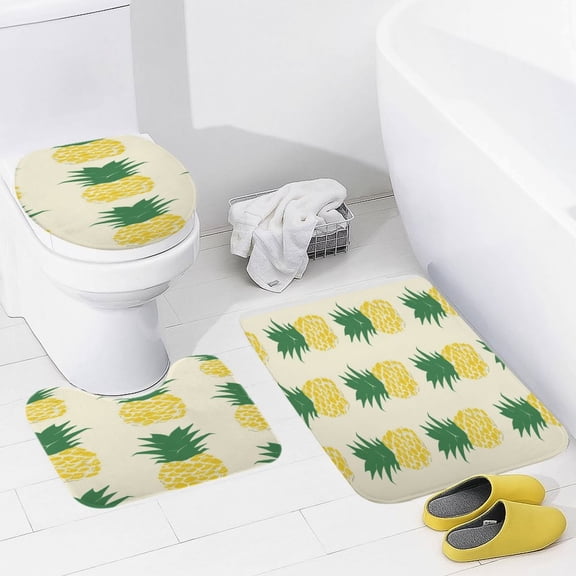 Lunarable Pineapple 3 Piece Bath Rugs Mat Set, Flannel Mats, Machine Washable Carpets Mat for Bathroom Kitchen, Tub Toilet Contour Mat Lid Cover
