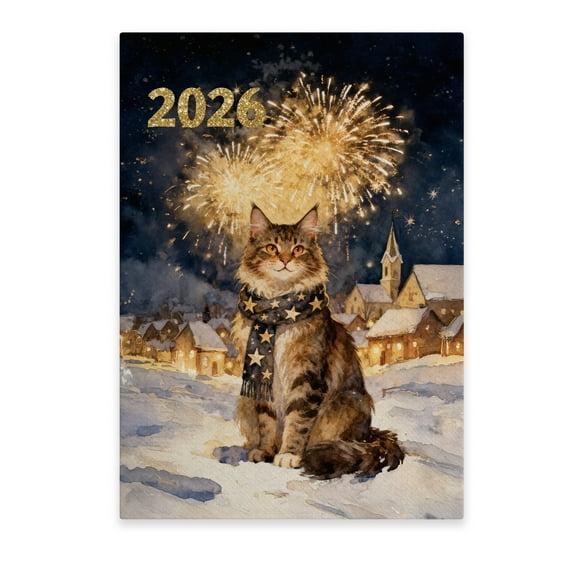 Maine Coon Happy New Year 2026 with Fireworks on New Year's Eve Vertical Matte Canvas Poster Cat Lover Kitten Owner Gifts Wall Art Home Decor - 12022