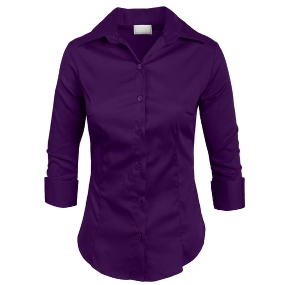 J. METHOD Women's Button Down Shirt 3/4 Sleeve Roll Up Stretch Collar Office Work Formal Casual Basic Blouse Top NEWT01 Purple XL
