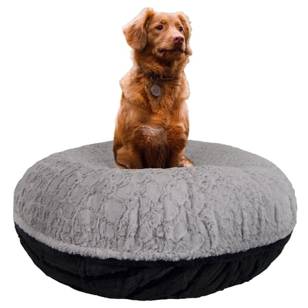 Bessie and Barnie Signature Serenity Grey / Black Puma Luxury Extra Plush Faux Fur Bagel Pet/ Dog Bed