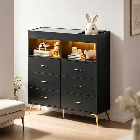 Baby Storage Dresser with 6 Drawers Changing Table Top LED Lighting and Built-In Power Outlet Indoor Nursery Furniture