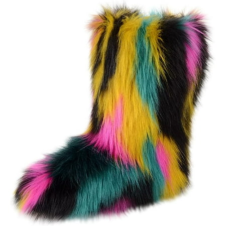 

Women s Faux fur Boot Furry Fluffy Short Snow Boot Mid-Calf Boots Warm Comfortable Outdoor Flat Shoes