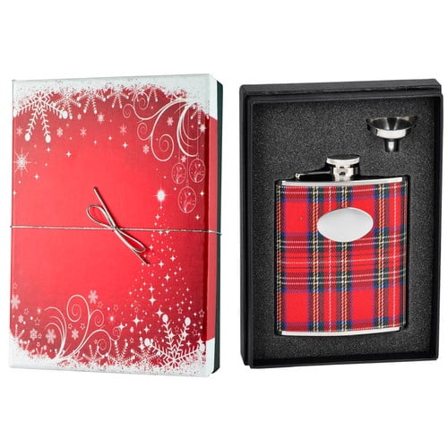 6-Ounce VisolScrooge Plaid Stainless Steel Flask Gift Set Red