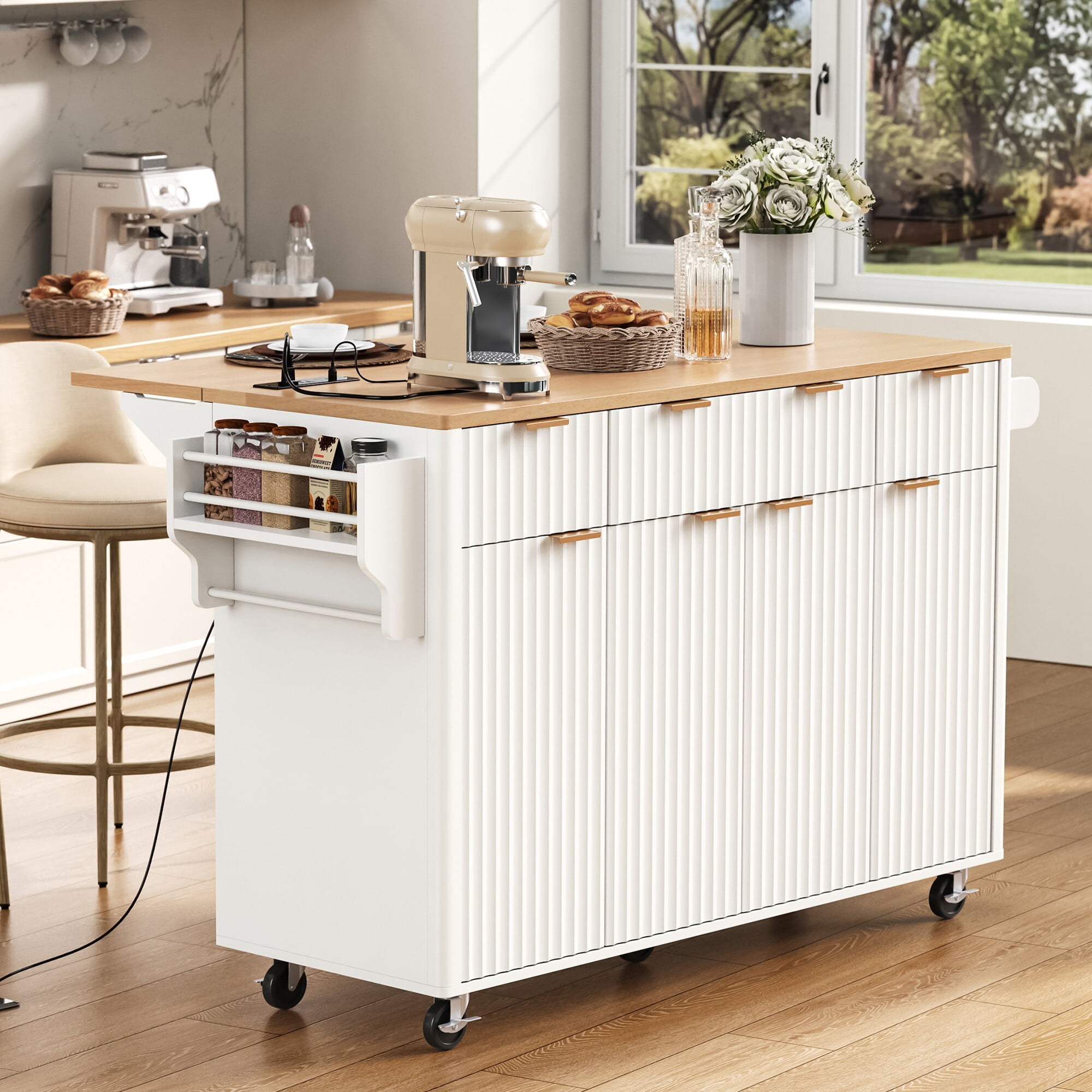 AENKYO 55" Fluted Kitchen Island with Drop Leaf & Power Outlet, Rolling Storage Cart with 3 Drawers, White