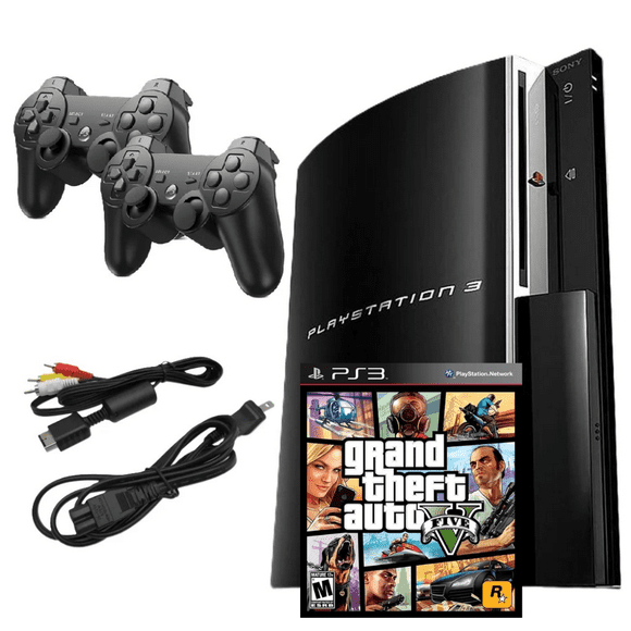 Sony Playstation 3 PS3 Console Original 40GB with Grand Theft Auto V and Two Retrofam Controllers, Black, (Refurbished)