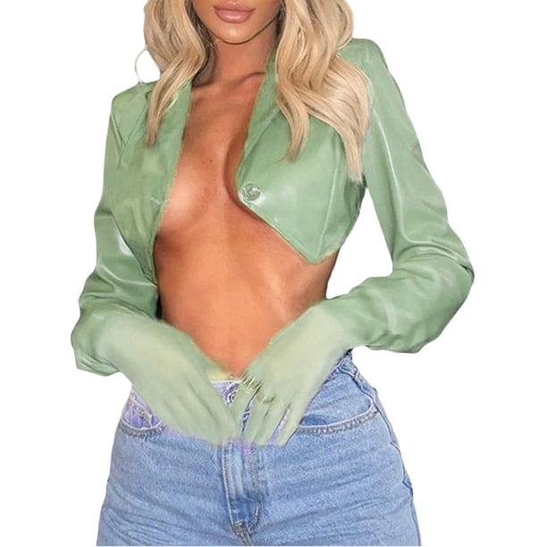TRKIYQC Abrigos cortos para mujer Cuero de PU con solapa, un botón Estilo casual Ropa de primavera delgada TRKIYQC moda