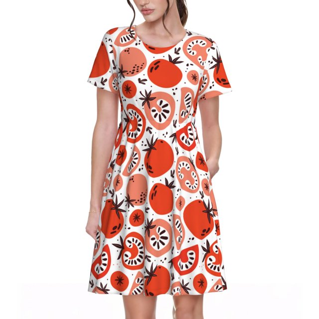 Balery Hand Drawn Tomatoes Vestidos sueltos de manga corta para mujer, vestidos de verano 2025, vestidos casuales de corte A con vuelo.