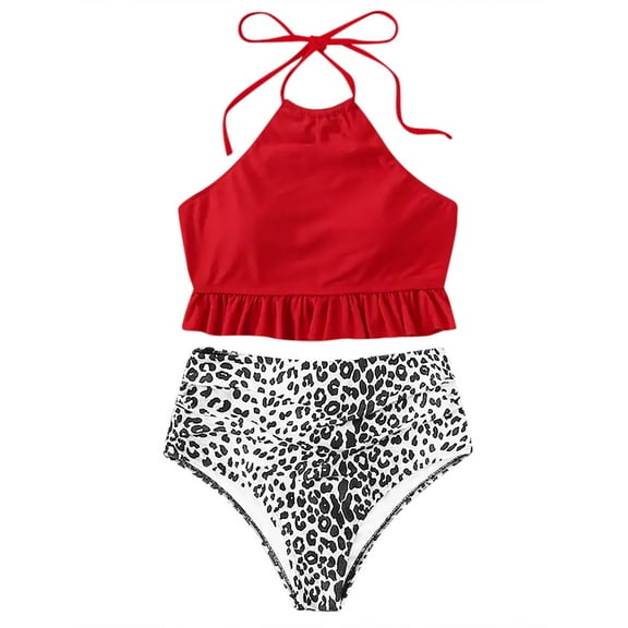 QLEICOM Womens Swimsuits Tummy Control Plus Size Swimsuit Coverup Striped Push Up High Cut Hight Waist Halter Bikini Set Two Piece Swimsuit Red L