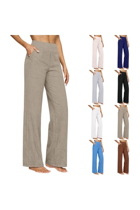 Womens Linen Pants Petite 2026 Summer Lightweight High Waist Straight Leg Solid Beach Lounge Trousers Black M