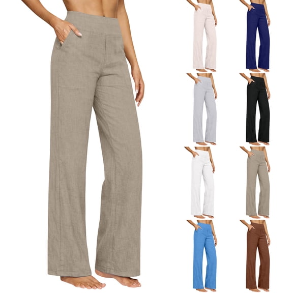 Women's Summer Casual Pants Wide Leg Cotton Linen Soft Comfy Elastic Waist with Pockets Lounge Trousers 202 Light Blue S