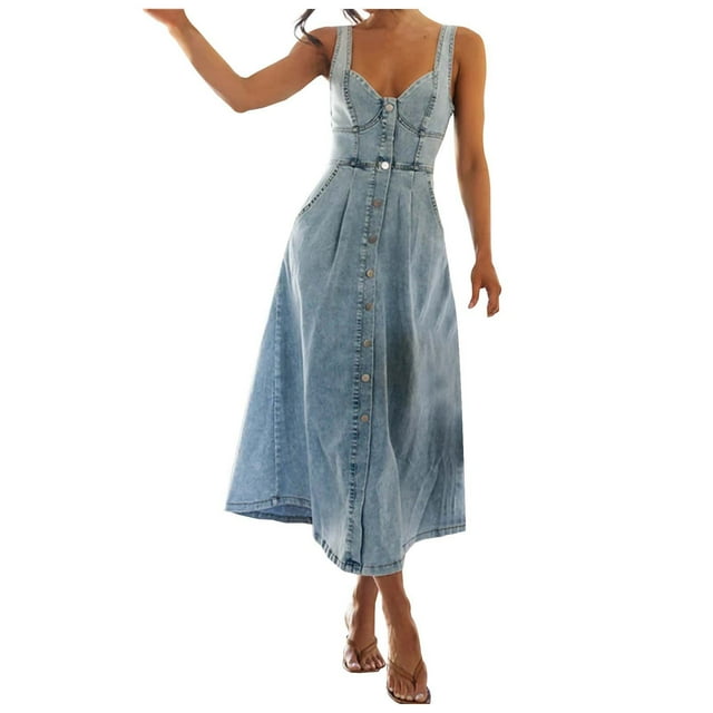 Kcodviy Robe Maxi en Denim Vintage Robes pour Petites Femmes avec Bretelles Spaghetti et Robe d'Été pour Femmes à Boutons devant pour Tenue Décontractée Chic Décontractée Robes Style Printemps/été