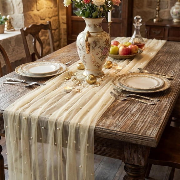 Pearl Gauze Table Runner, 32*118 Inch Pearl Sheer Tulle Table Cloth Centerpieces for Home Wedding Bridal Valentine Birthday Party Holiday Dining Decorations(Beige)